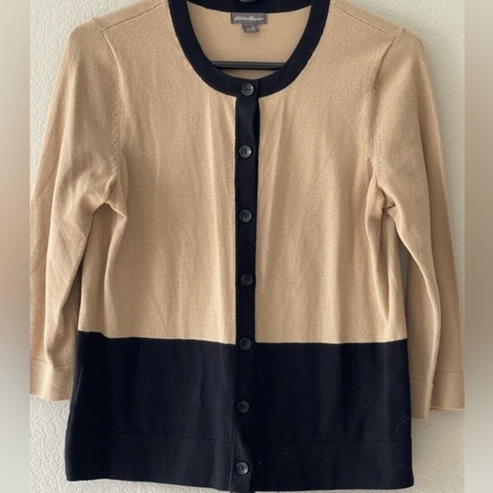 Eddie Bauer Size Small Navy Blue & Tan 3/4 Sleeve Sweater Light Weight Cardigan